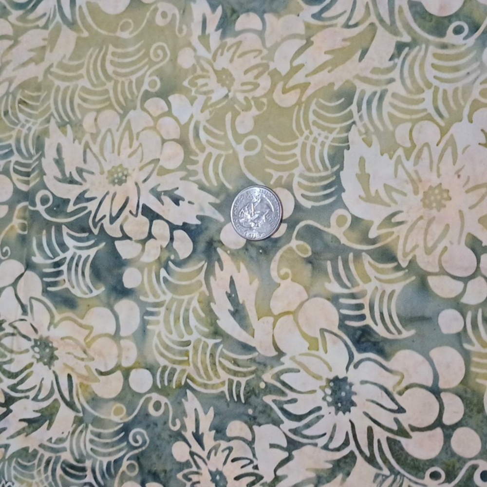 2/$15 .39yd Batik Fabric 100% Cotton Green Cream Floral Berries Basket Weave